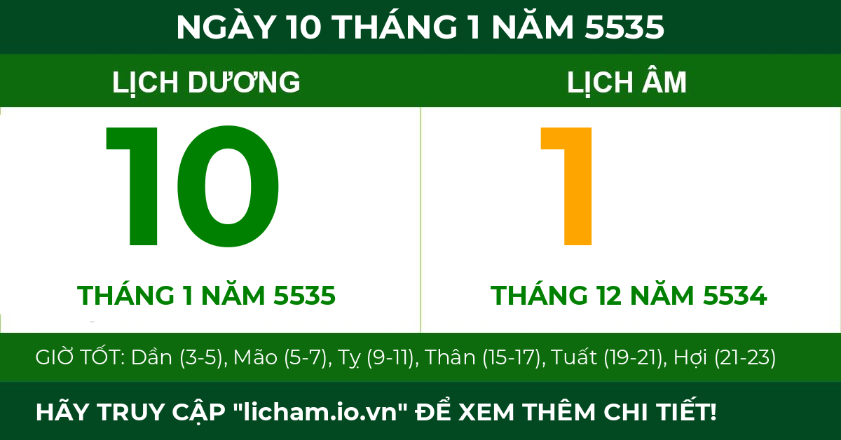 lịch âm ngày 10 tháng 1 năm 5535