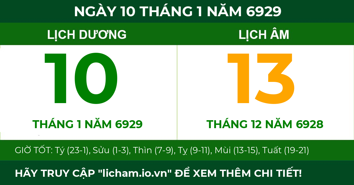 lịch âm ngày 10 tháng 1 năm 6929