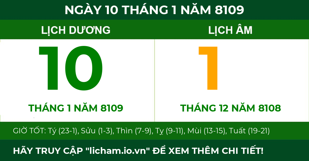 lịch âm ngày 10 tháng 1 năm 8109