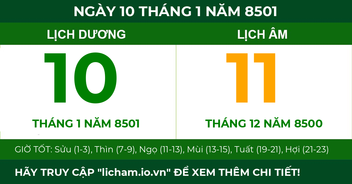 lịch âm ngày 10 tháng 1 năm 8501