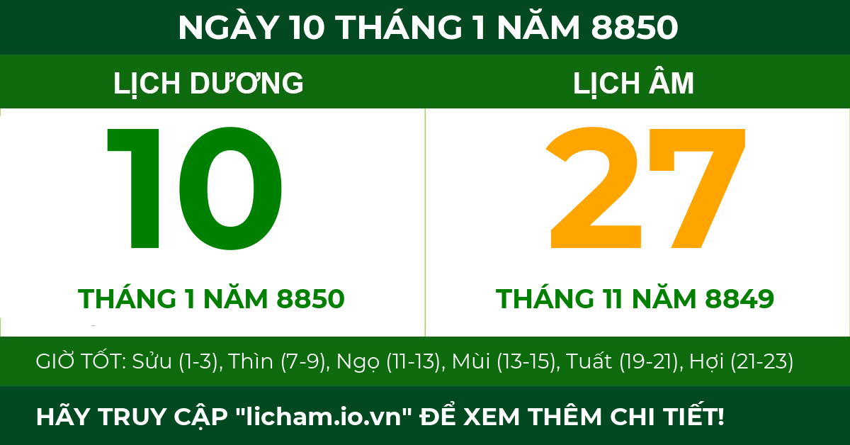 lịch âm ngày 10 tháng 1 năm 8850
