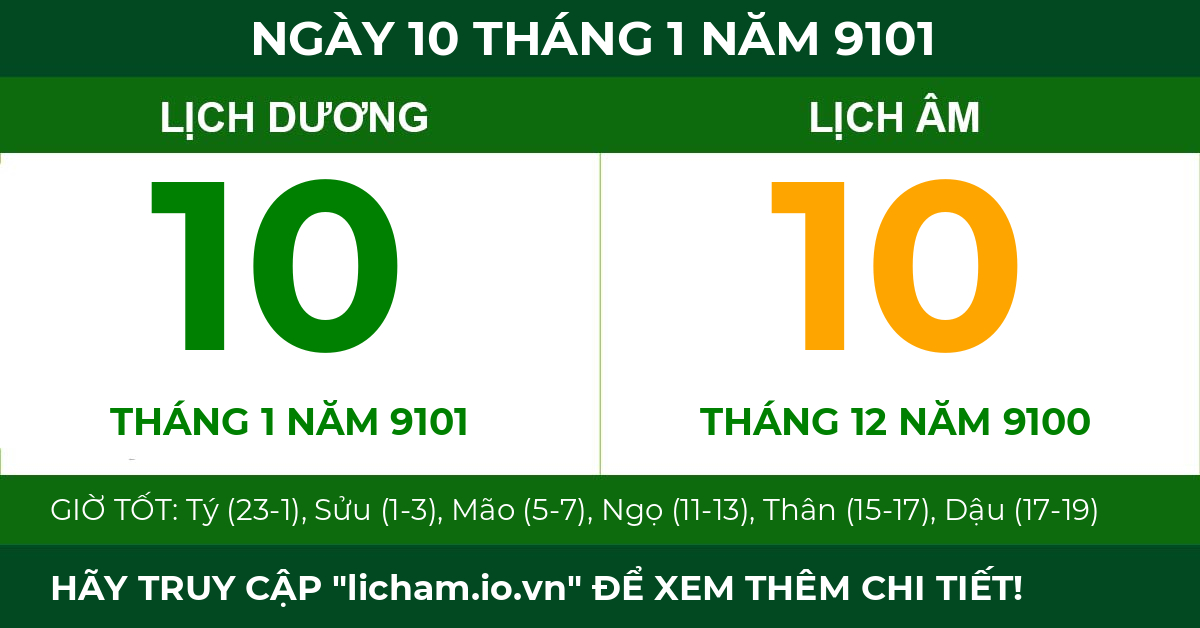 lịch âm ngày 10 tháng 1 năm 9101