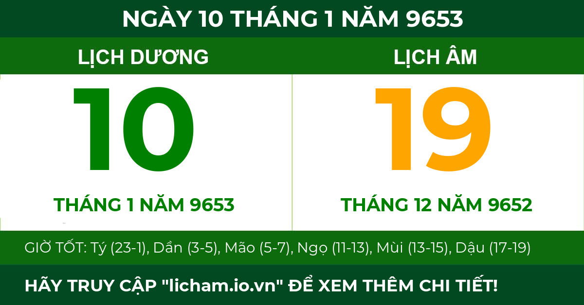 lịch âm ngày 10 tháng 1 năm 9653