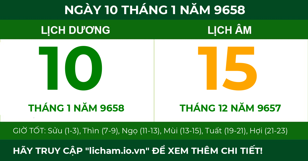 lịch âm ngày 10 tháng 1 năm 9658