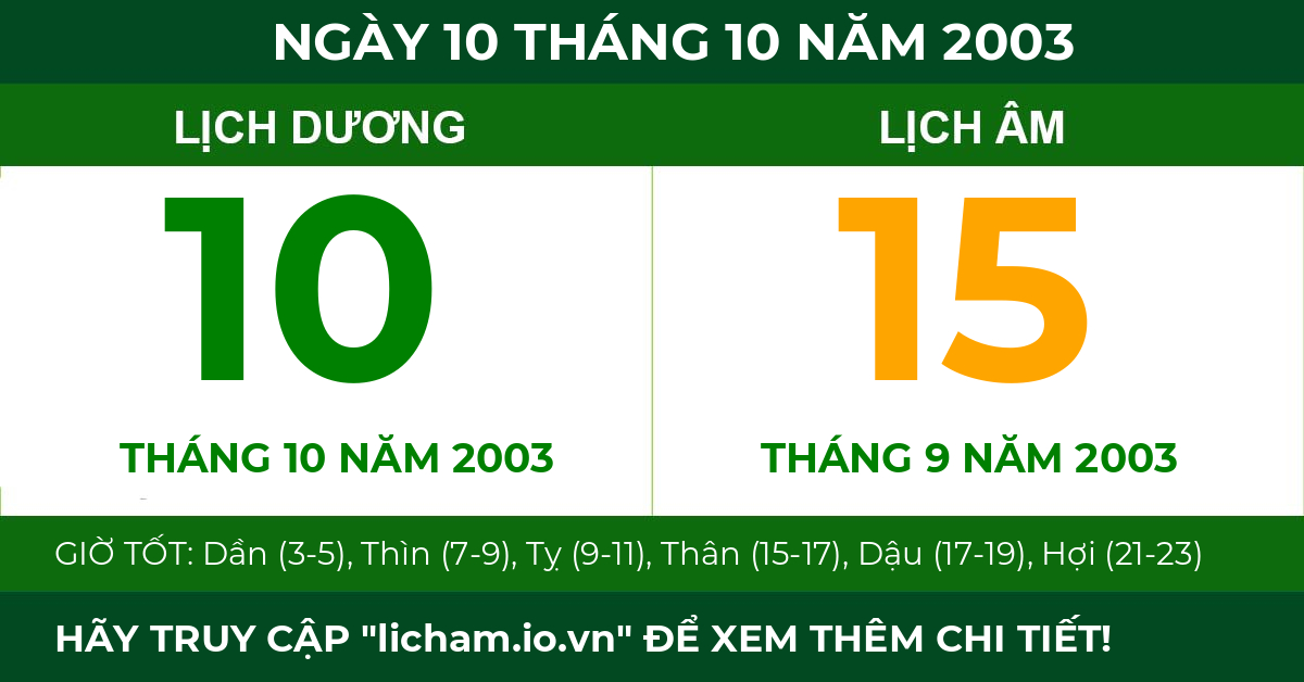 lịch âm ngày 10 tháng 10 năm 2003