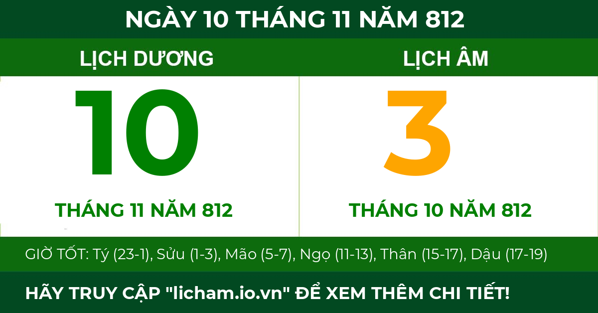 lịch âm ngày 10 tháng 11 năm 812