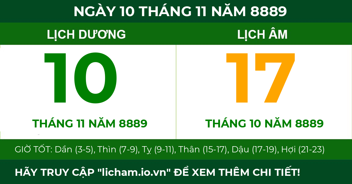 lịch âm ngày 10 tháng 11 năm 8889
