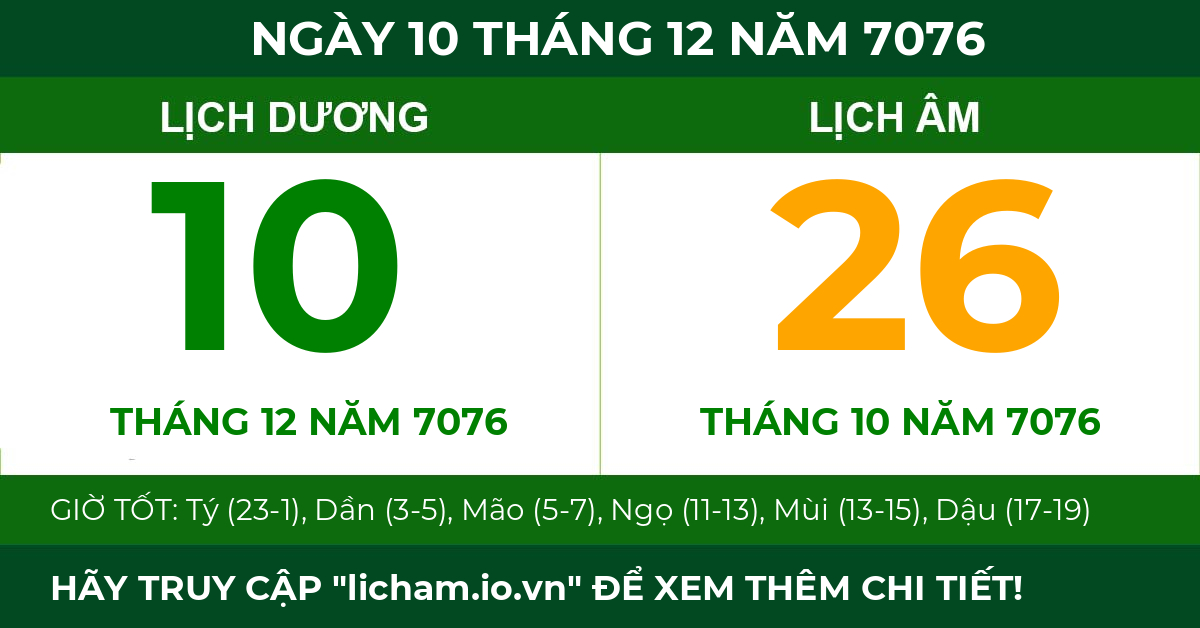 lịch âm ngày 10 tháng 12 năm 7076