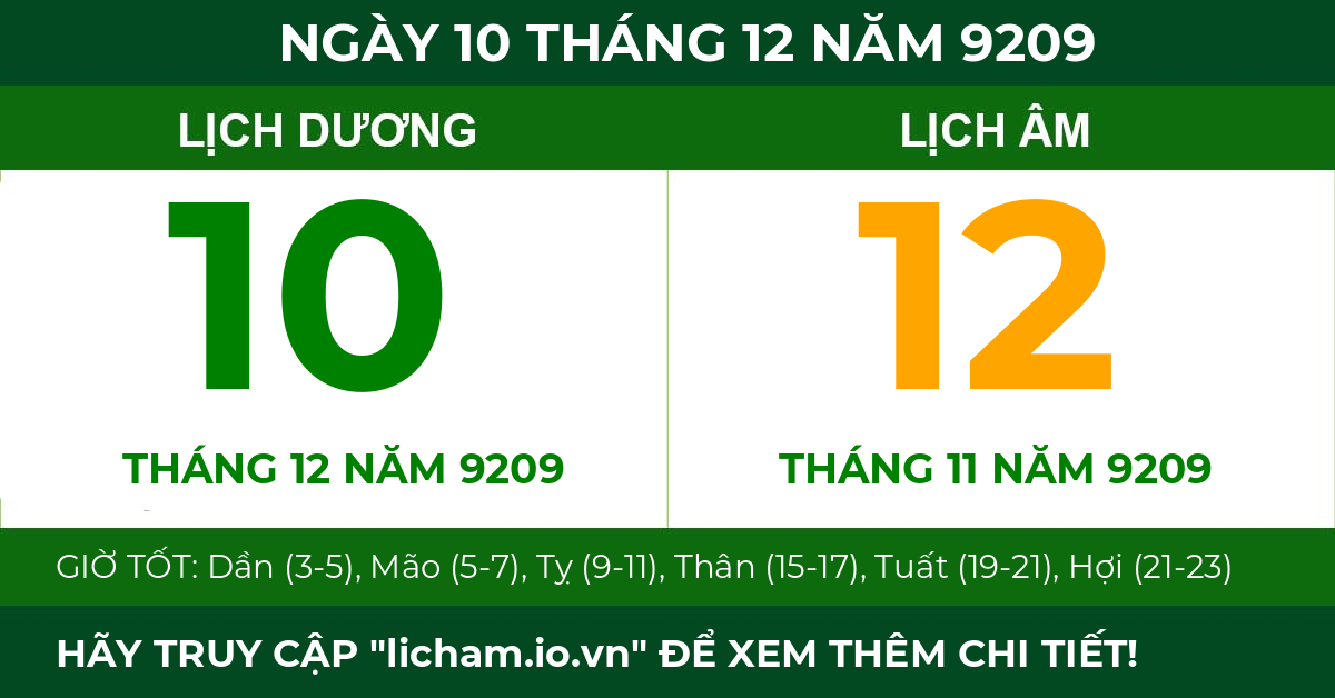 lịch âm ngày 10 tháng 12 năm 9209