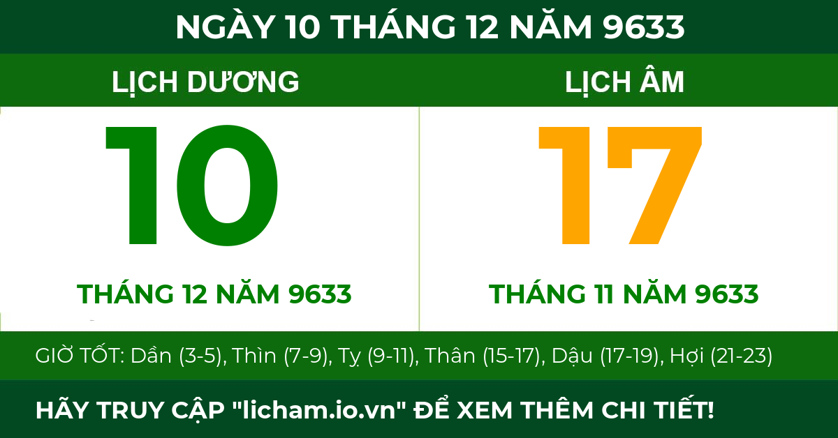 lịch âm ngày 10 tháng 12 năm 9633