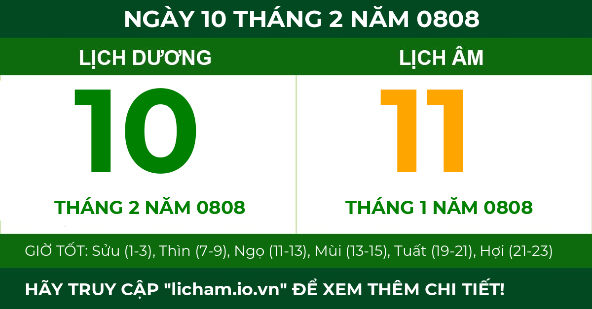 lịch âm ngày 10 tháng 2 năm 0808