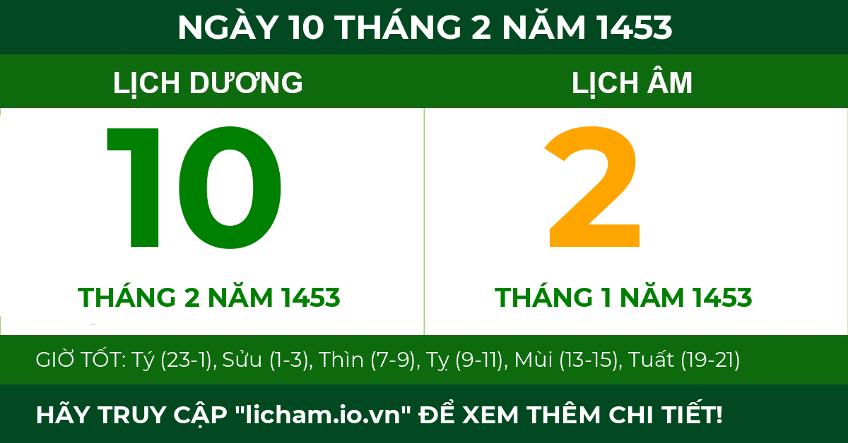 lịch âm ngày 10 tháng 2 năm 1453
