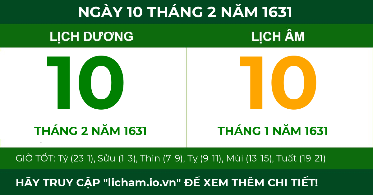 lịch âm ngày 10 tháng 2 năm 1631