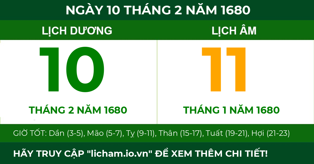 lịch âm ngày 10 tháng 2 năm 1680