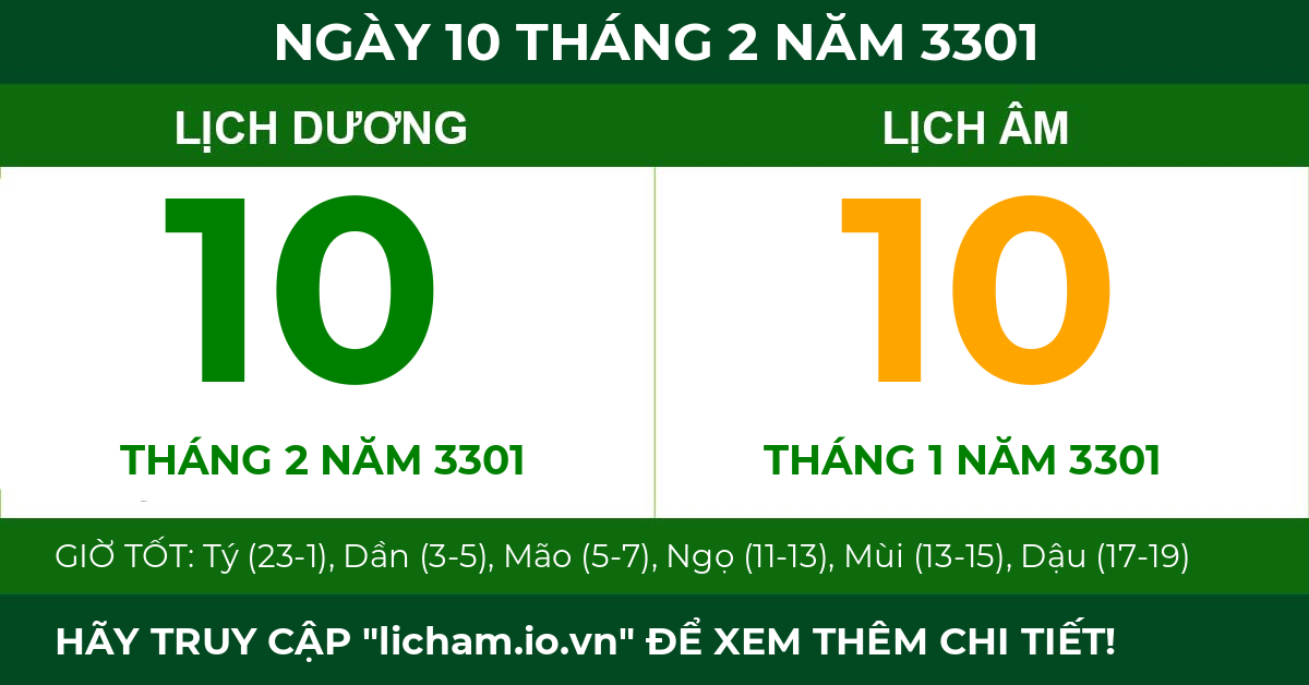 lịch âm ngày 10 tháng 2 năm 3301