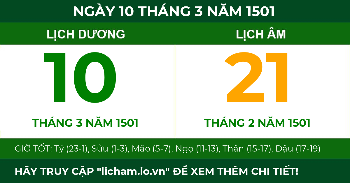 lịch âm ngày 10 tháng 3 năm 1501