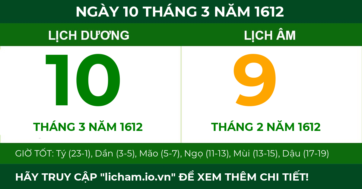lịch âm ngày 10 tháng 3 năm 1612