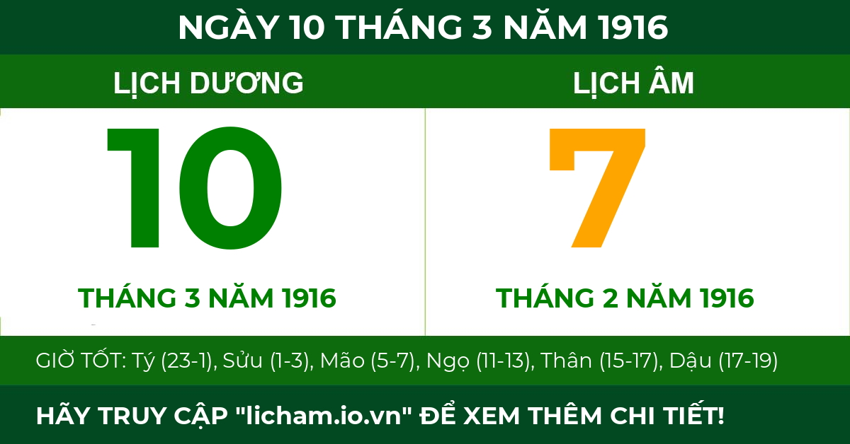 lịch âm ngày 10 tháng 3 năm 1916