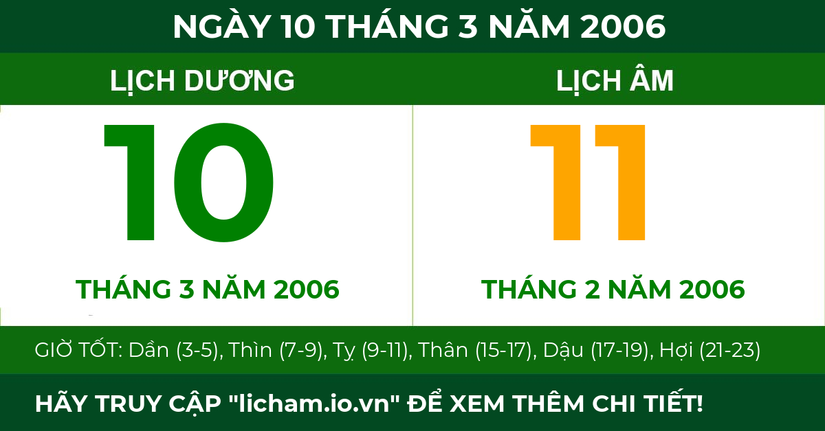 lịch âm ngày 10 tháng 3 năm 2006