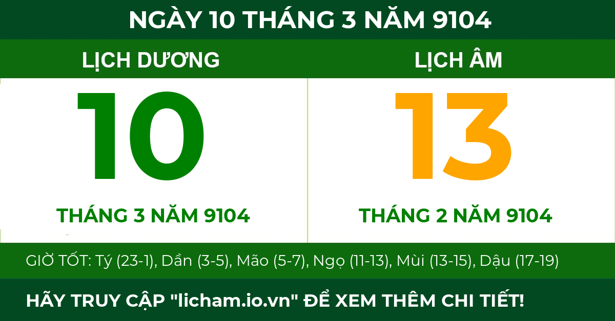 lịch âm ngày 10 tháng 3 năm 9104