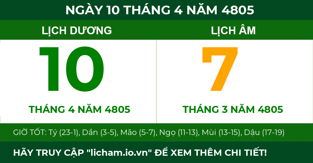 lịch âm ngày 10 tháng 4 năm 4805