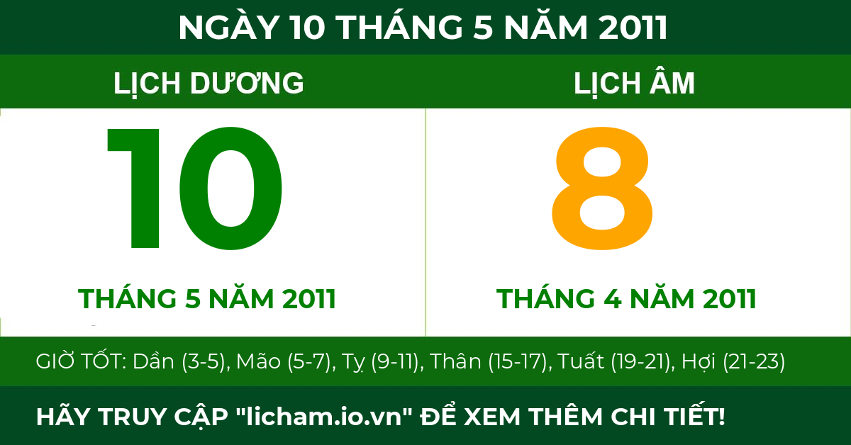 lịch âm ngày 10 tháng 5 năm 2011