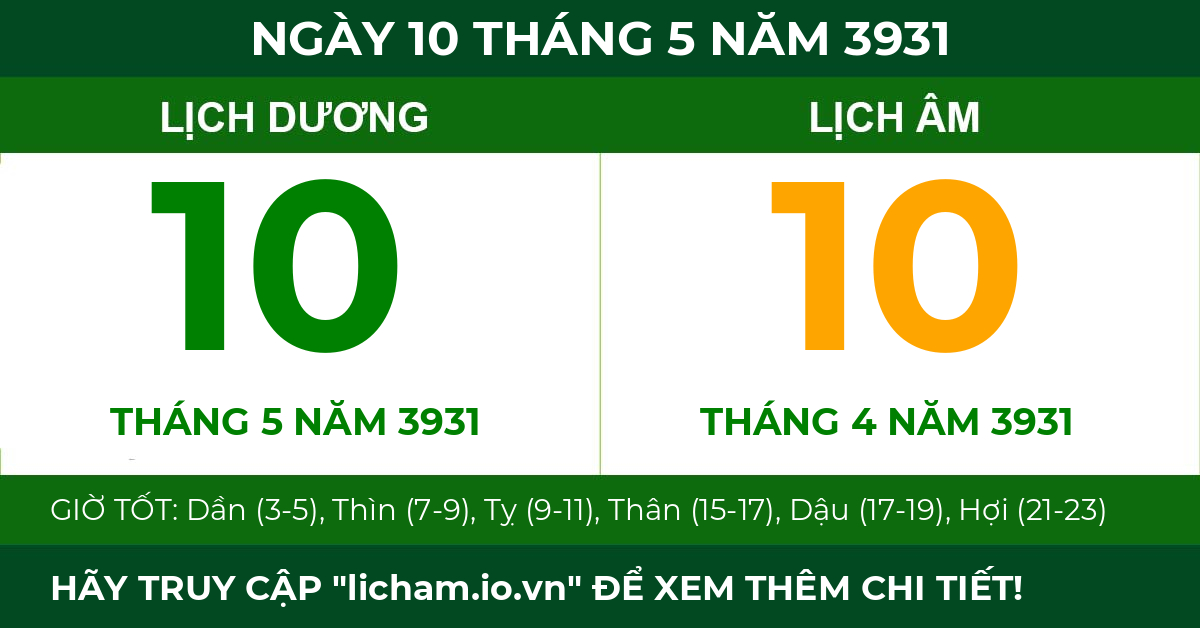 lịch âm ngày 10 tháng 5 năm 3931