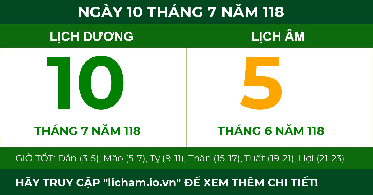 lịch âm ngày 10 tháng 7 năm 118