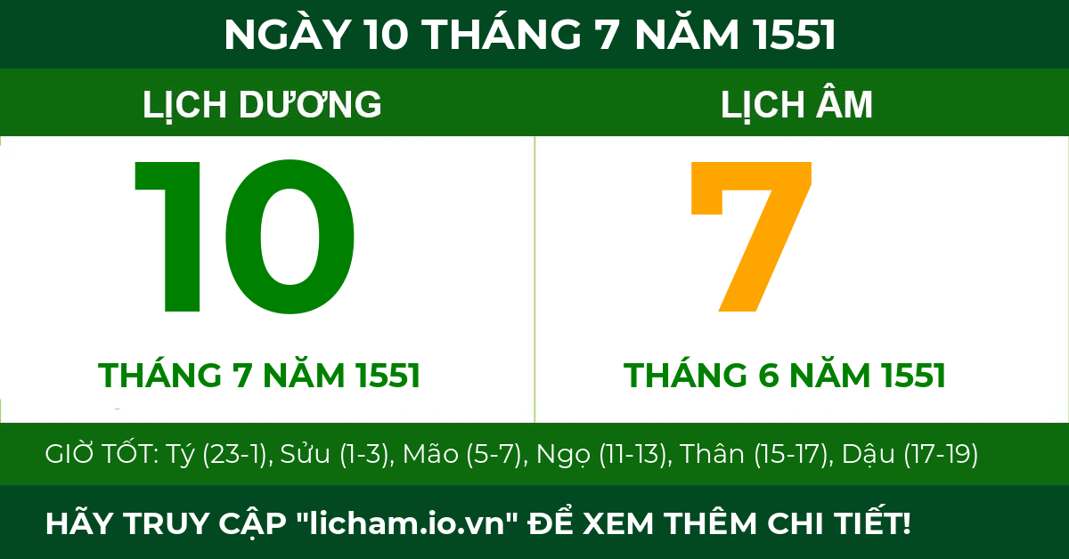 lịch âm ngày 10 tháng 7 năm 1551