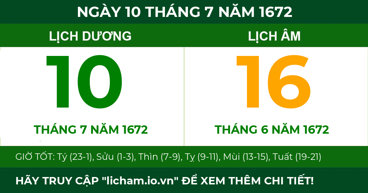 lịch âm ngày 10 tháng 7 năm 1672