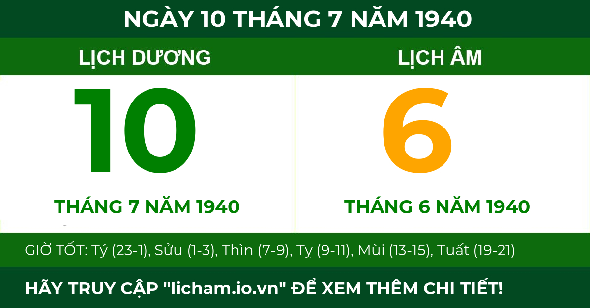lịch âm ngày 10 tháng 7 năm 1940
