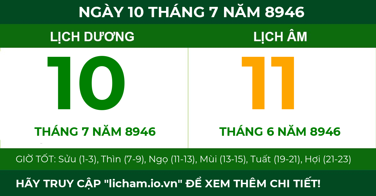 lịch âm ngày 10 tháng 7 năm 8946