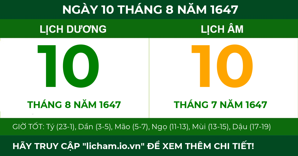 lịch âm ngày 10 tháng 8 năm 1647