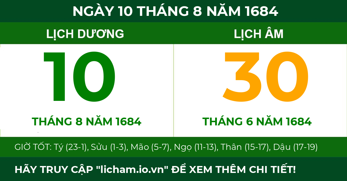 lịch âm ngày 10 tháng 8 năm 1684