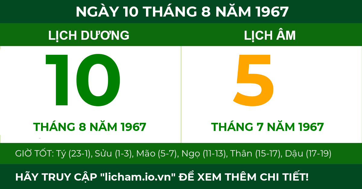lịch âm ngày 10 tháng 8 năm 1967