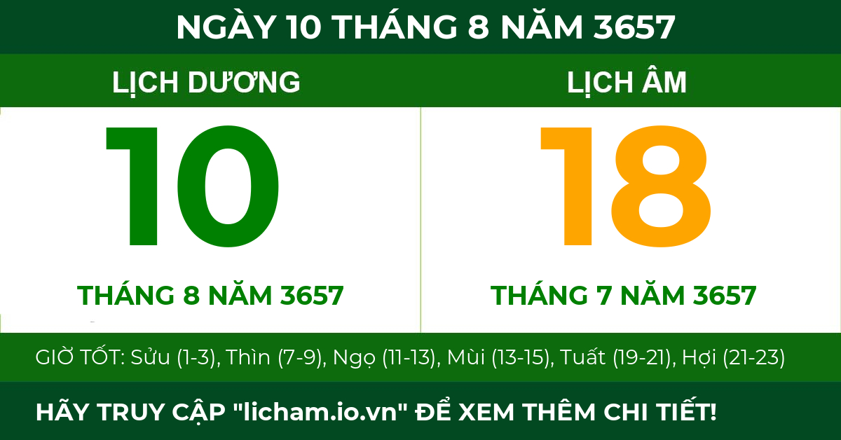 lịch âm ngày 10 tháng 8 năm 3657