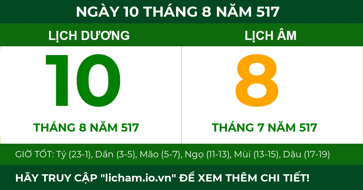 lịch âm ngày 10 tháng 8 năm 517