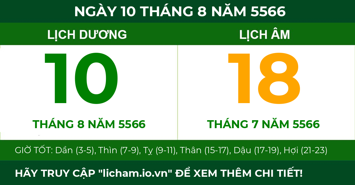 lịch âm ngày 10 tháng 8 năm 5566