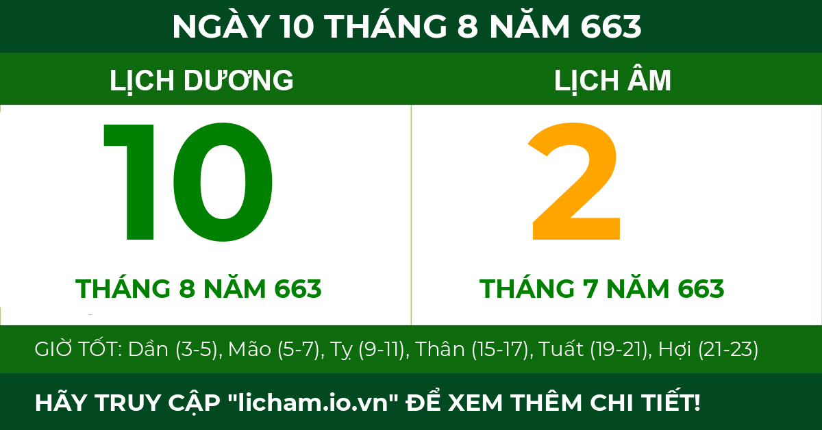 lịch âm ngày 10 tháng 8 năm 663