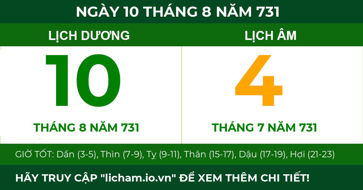 lịch âm ngày 10 tháng 8 năm 731