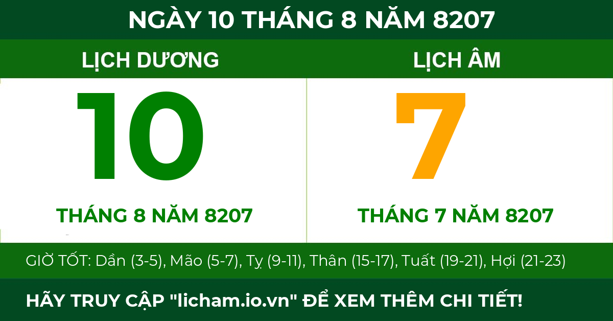 lịch âm ngày 10 tháng 8 năm 8207