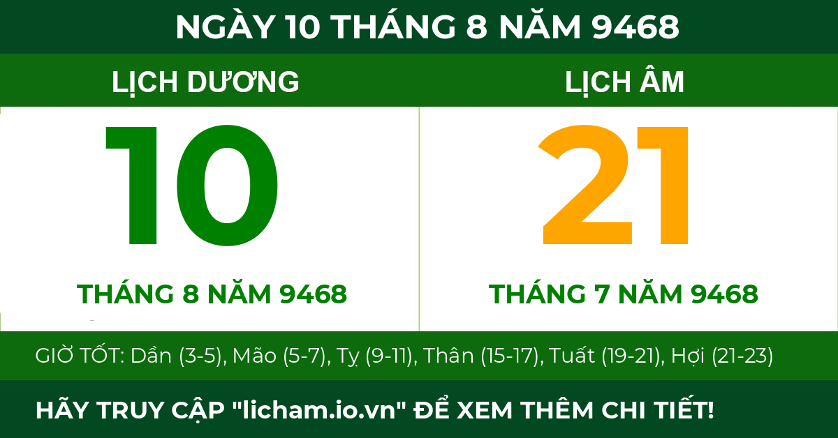lịch âm ngày 10 tháng 8 năm 9468