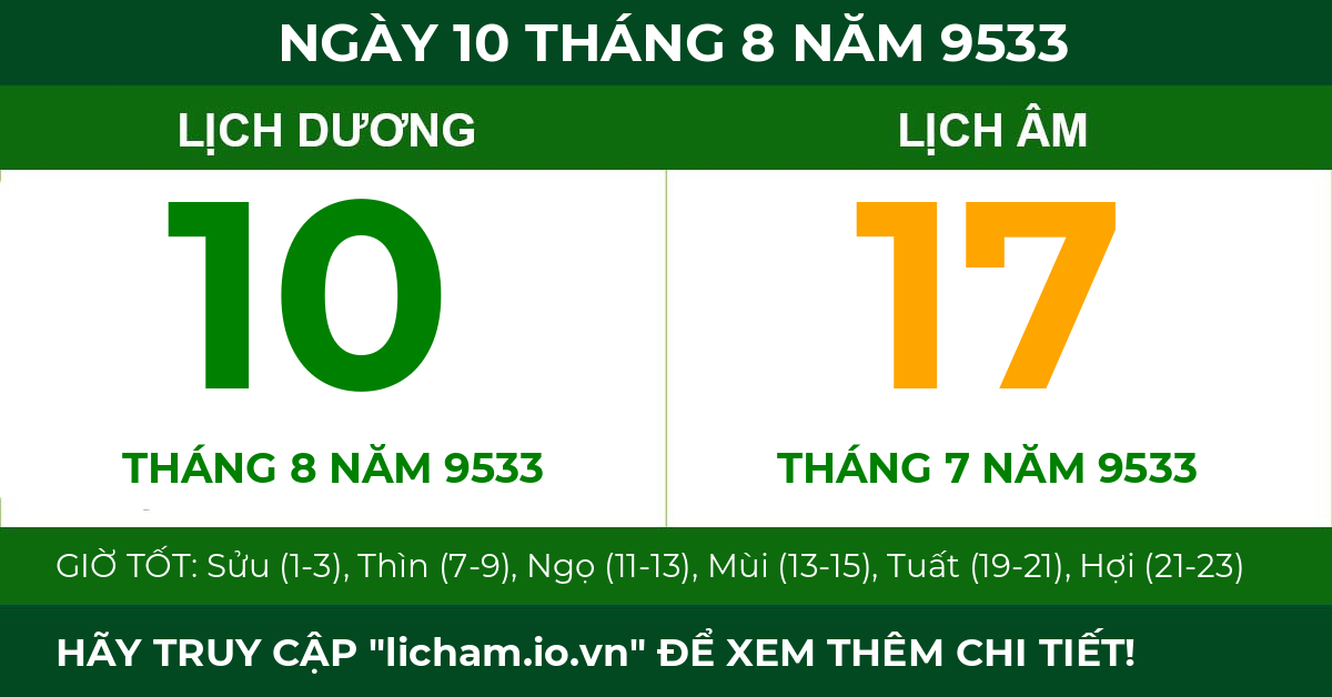 lịch âm ngày 10 tháng 8 năm 9533