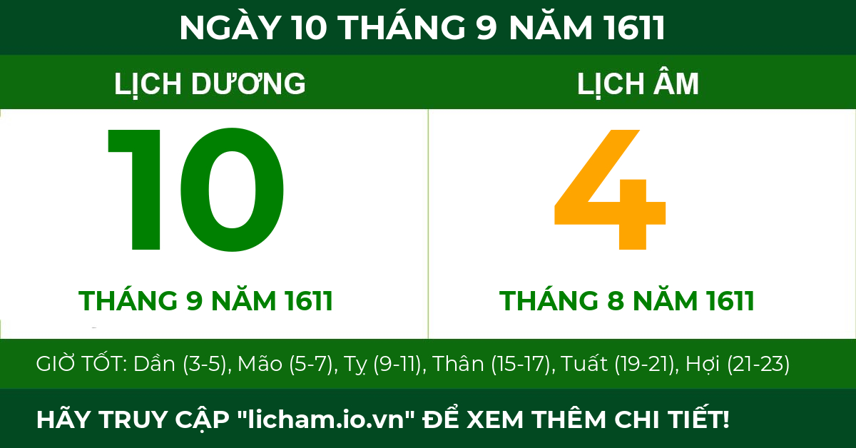 lịch âm ngày 10 tháng 9 năm 1611
