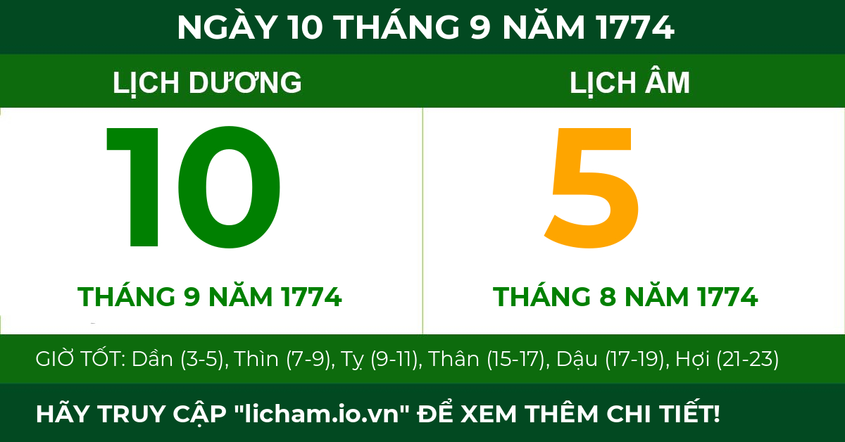 lịch âm ngày 10 tháng 9 năm 1774