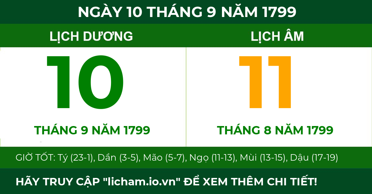 lịch âm ngày 10 tháng 9 năm 1799