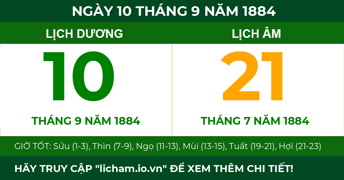 lịch âm ngày 10 tháng 9 năm 1884