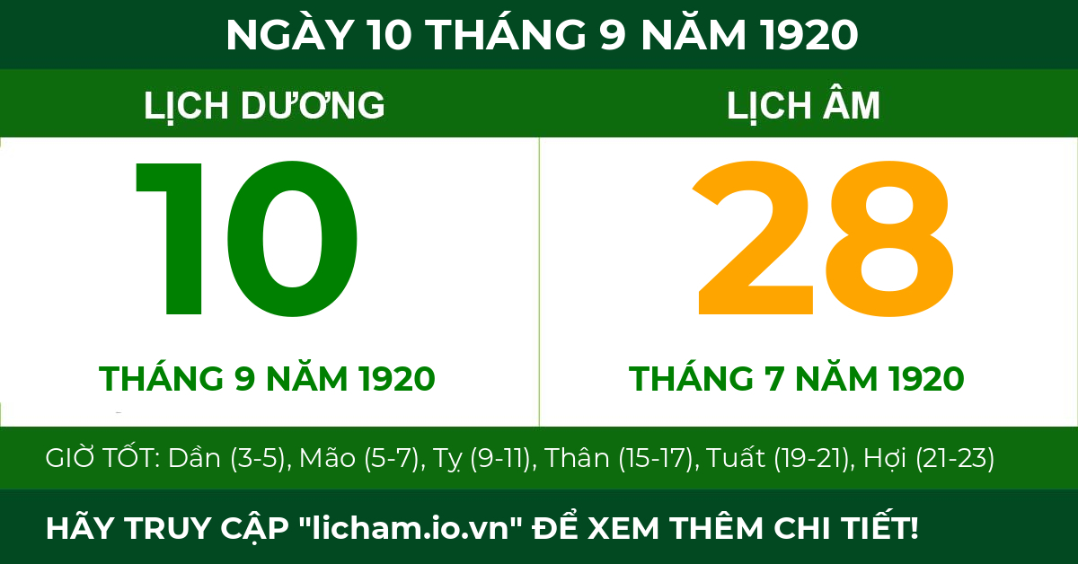 lịch âm ngày 10 tháng 9 năm 1920