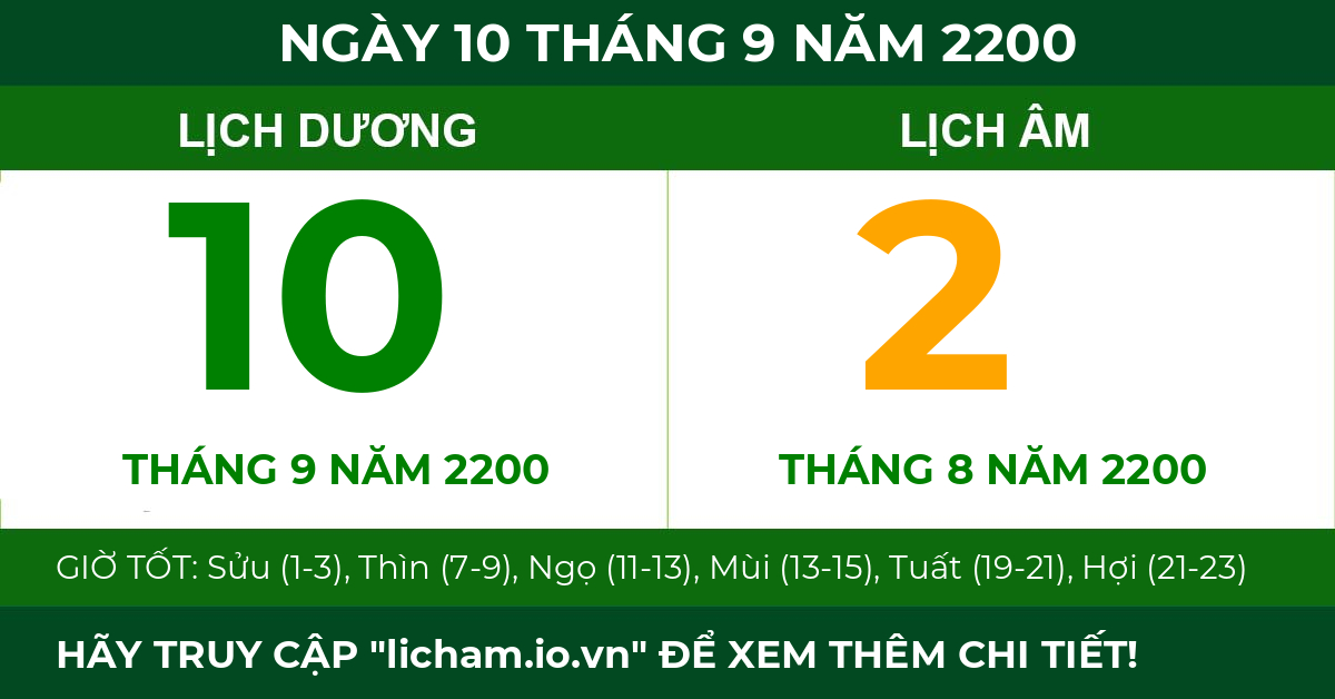 lịch âm ngày 10 tháng 9 năm 2200