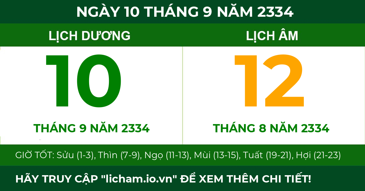 lịch âm ngày 10 tháng 9 năm 2334
